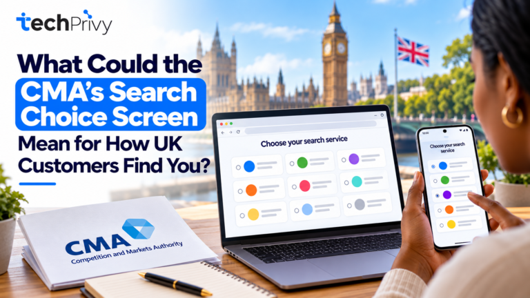 What Could the CMA’s Search Choice Screen Mean for How UK Customers Find You? Android phone and laptop showing the CMA's proposed search choice screen with unbranded search services.