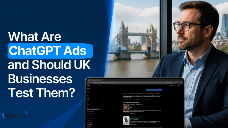 What Are ChatGPT Ads and Should UK Businesses Test Them? Business owner with a laptop displaying chatgpt Ads