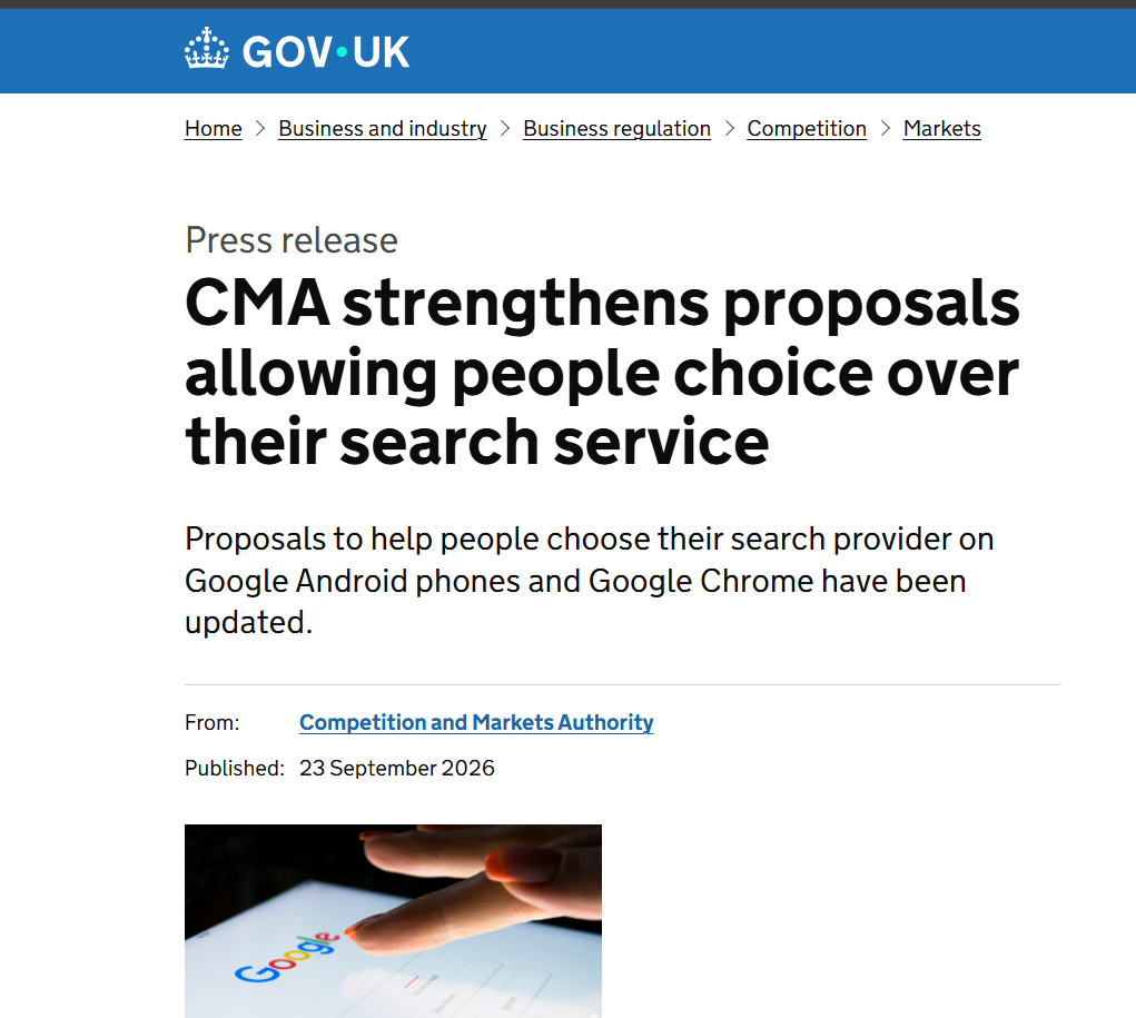 GOV.UK press release on the CMA search choice screen proposals, published 23 September 2026