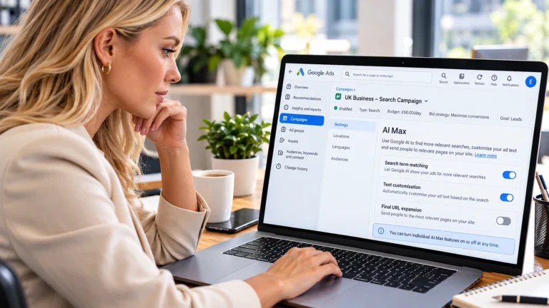 Google Has Switched Many Search Ads to AI Max. Here’s What Changed and What to Do Before February 2027 Business owner reviewing AI Max settings in Google Ads (illustrative image)